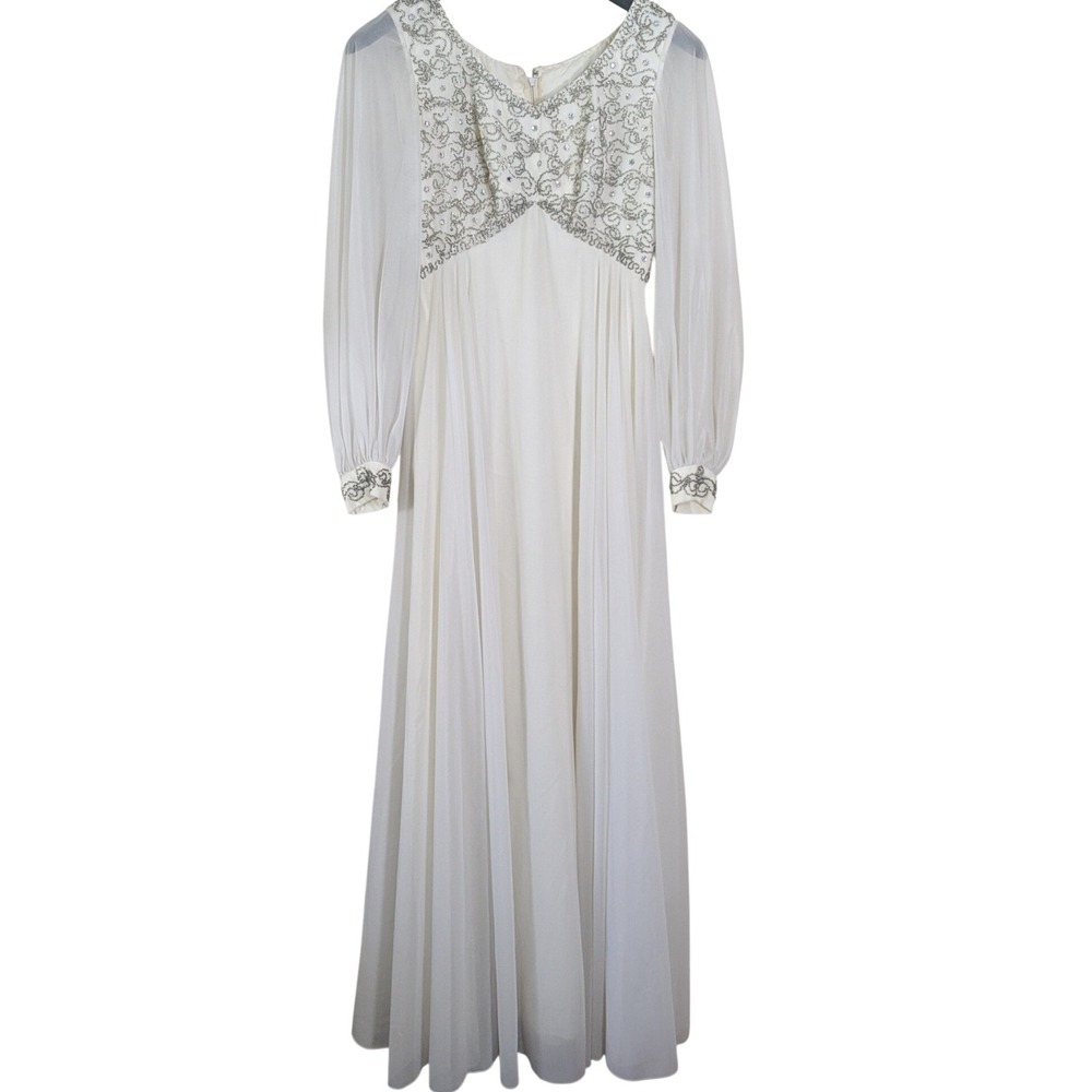 Vintage 70s Mike Benet White Mesh Beaded Ethereal Fairycore Gown Bridal